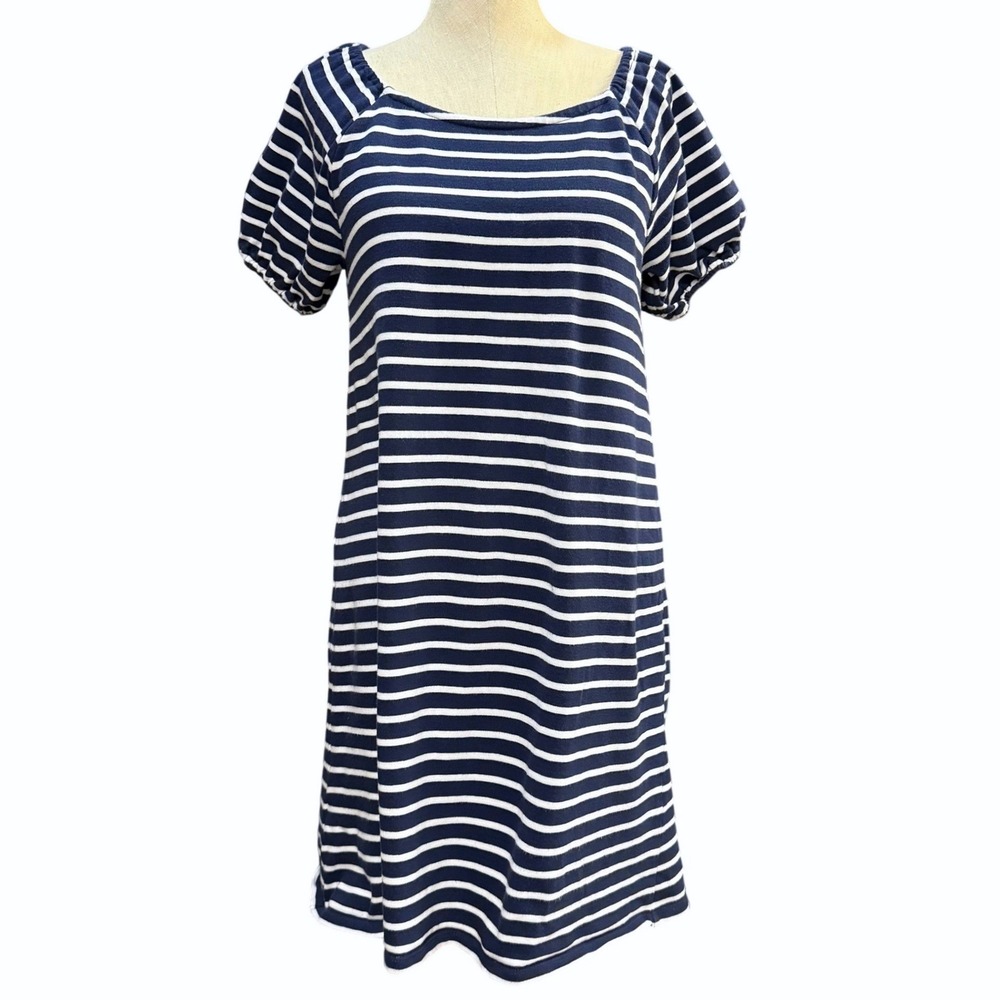LOFT M Blue Striped Puff Sleeve Shift Knit Dress Mini Nautical Coastal Preppy